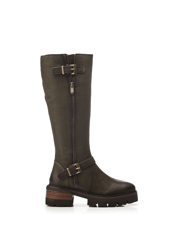 Moda in Pelle Green Dori Cleated Block Heel Long Boots With Buckle Details - Image 1 of 4