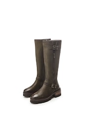 Moda in Pelle Green Dori Cleated Block Heel Long Boots With Buckle Details - Image 2 of 4