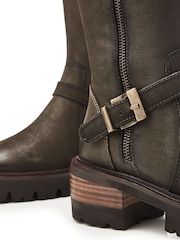 Moda in Pelle Green Dori Cleated Block Heel Long Boots With Buckle Details - Image 4 of 4
