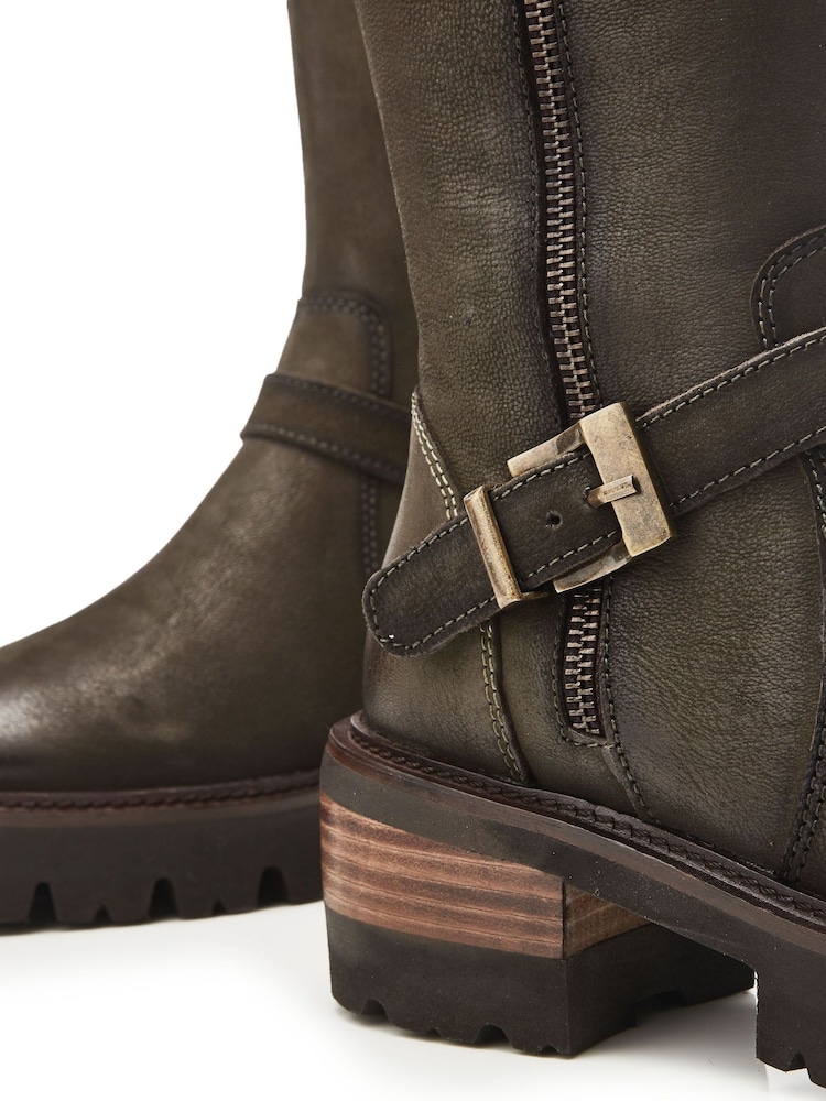 Moda in Pelle Green Dori Cleated Block Heel Long Boots With Buckle Details - Image 4 of 4