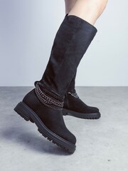 Moda in Pelle Litzy Black Chunky Long Boots With Chain Trim - Image 1 of 5