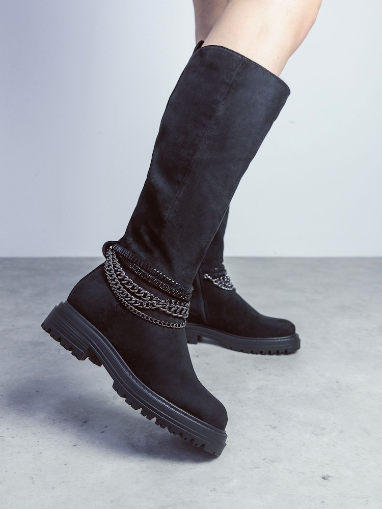 Moda in Pelle Litzy Black Chunky Long Boots With Chain Trim - Image 1 of 5