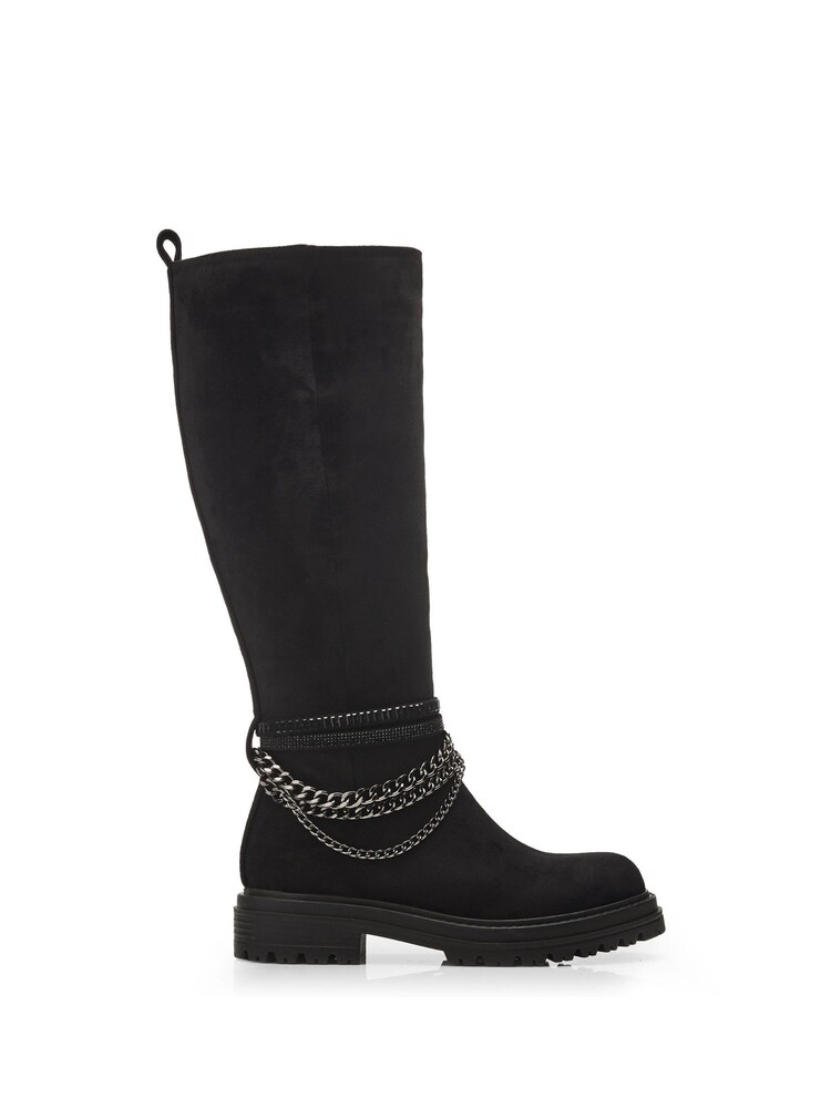 Moda in Pelle Litzy Black Chunky Long Boots With Chain Trim - Image 2 of 5