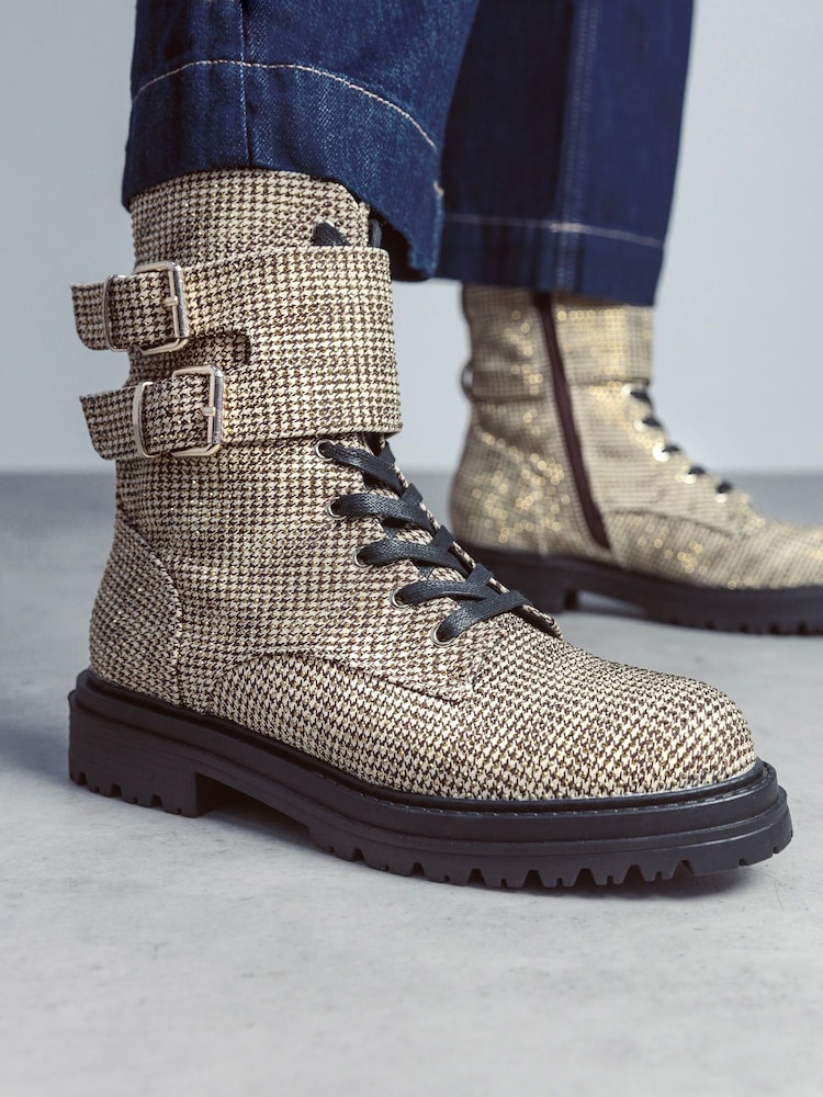 Moda in Pelle Zori Gold Chunky Lace-Up Glitzy Boots With Double Strap - Image 1 of 5