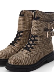 Moda in Pelle Zori Gold Chunky Lace-Up Glitzy Boots With Double Strap - Image 5 of 5