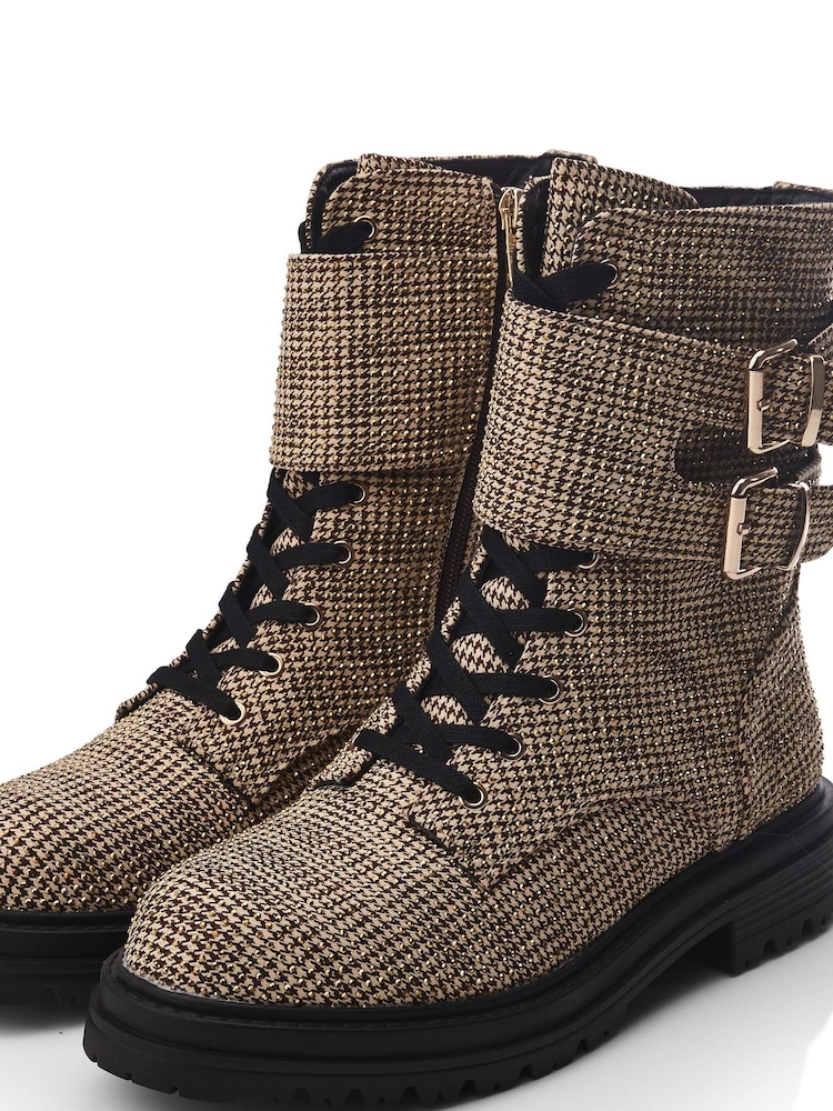 Moda in Pelle Zori Gold Chunky Lace-Up Glitzy Boots With Double Strap - Image 5 of 5