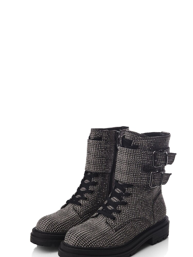 Moda in Pelle Zori Grey Chunky Lace-Up Glitzy Boots With Double Strap - Image 2 of 4