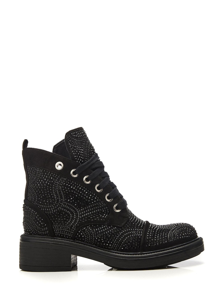 Moda in Pelle Aleyza Black Full Glitz Lace-Up Ankle Boots - Image 1 of 4