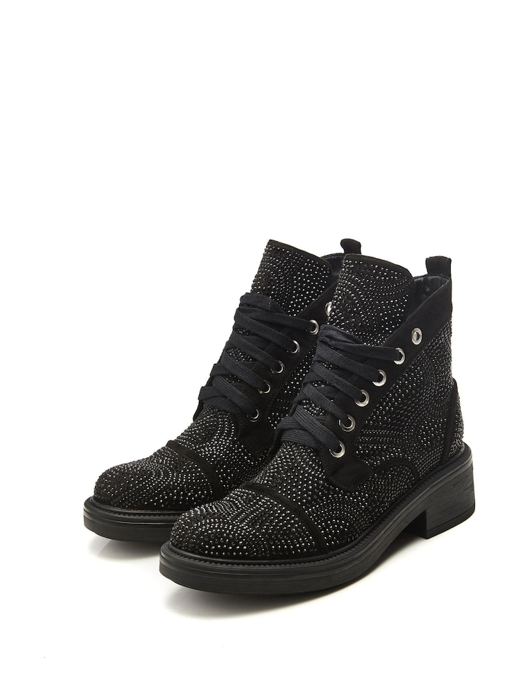 Moda in Pelle Aleyza Black Full Glitz Lace-Up Ankle Boots - Image 2 of 4