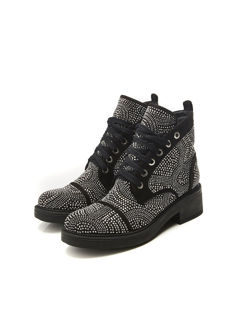 Moda in Pelle Aleyza Black Full Glitz Lace-Up Ankle Boots - Image 2 of 4