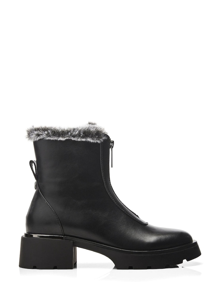 Moda in Pelle Avrill Black Chunky Zip Front Boots With Faux Fur Collar - Image 1 of 4