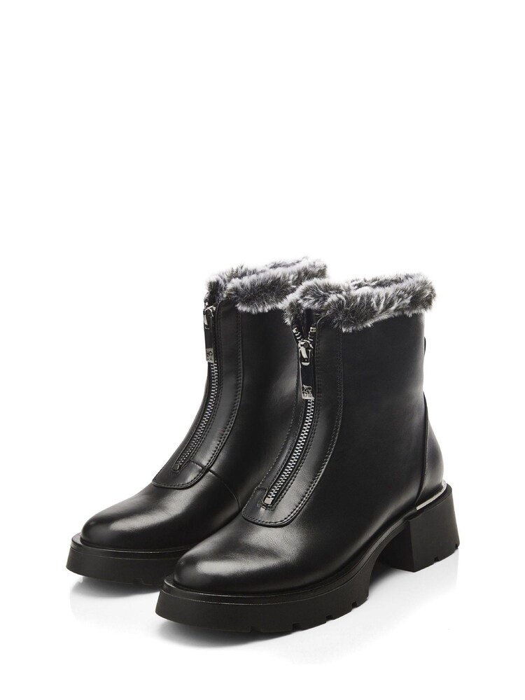 Moda in Pelle Avrill Black Chunky Zip Front Boots With Faux Fur Collar - Image 2 of 4