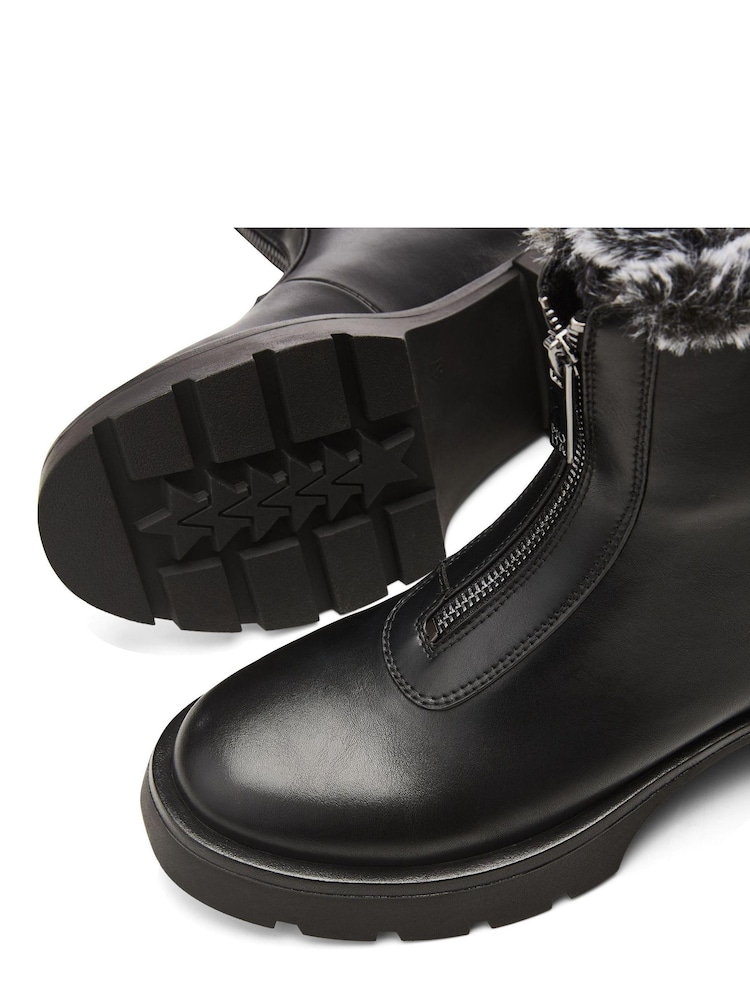 Moda in Pelle Avrill Black Chunky Zip Front Boots With Faux Fur Collar - Image 4 of 4