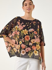 Roman Black Floral Print Sequin Tunic Top - Image 1 of 4