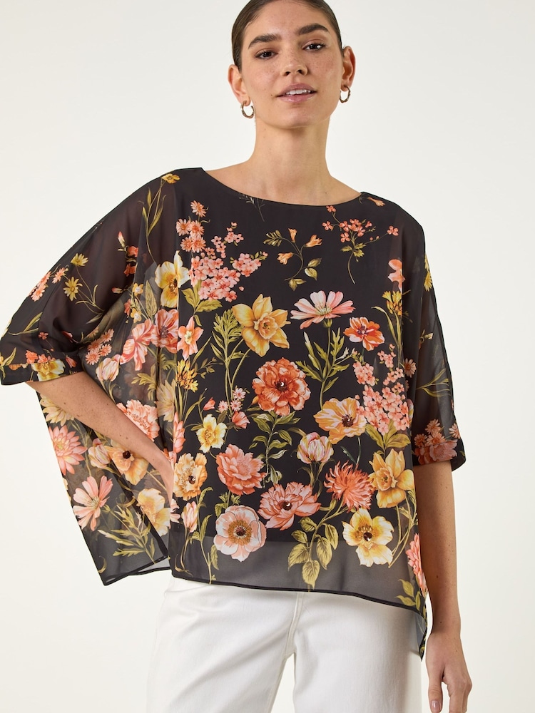 Roman Black Floral Print Sequin Tunic Top - Image 1 of 4