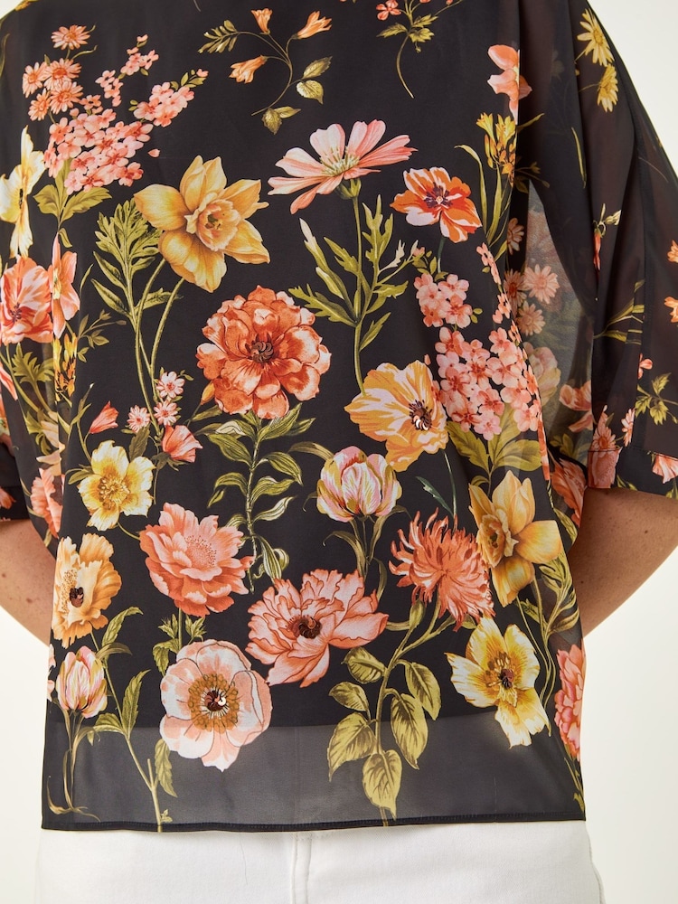 Roman Black Floral Print Sequin Tunic Top - Image 4 of 4