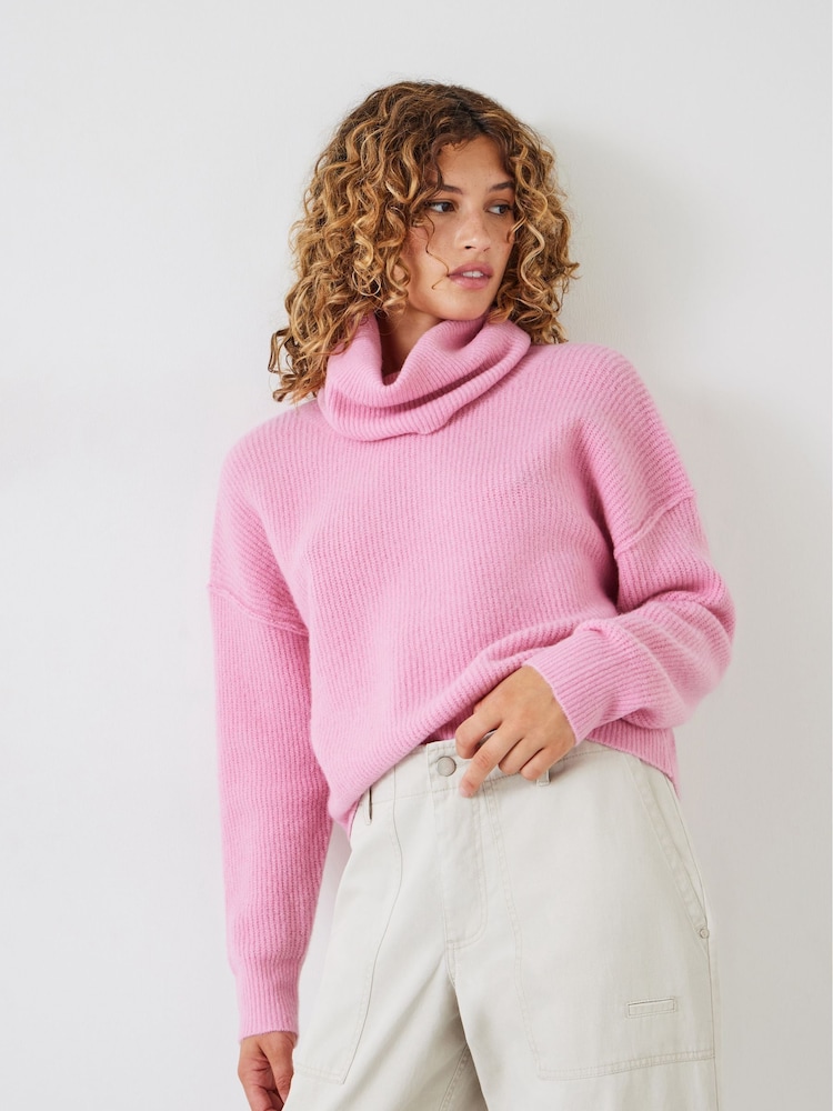 Hush Pink Roll Neck Ribbed Crop Jumper - Image 1 of 5