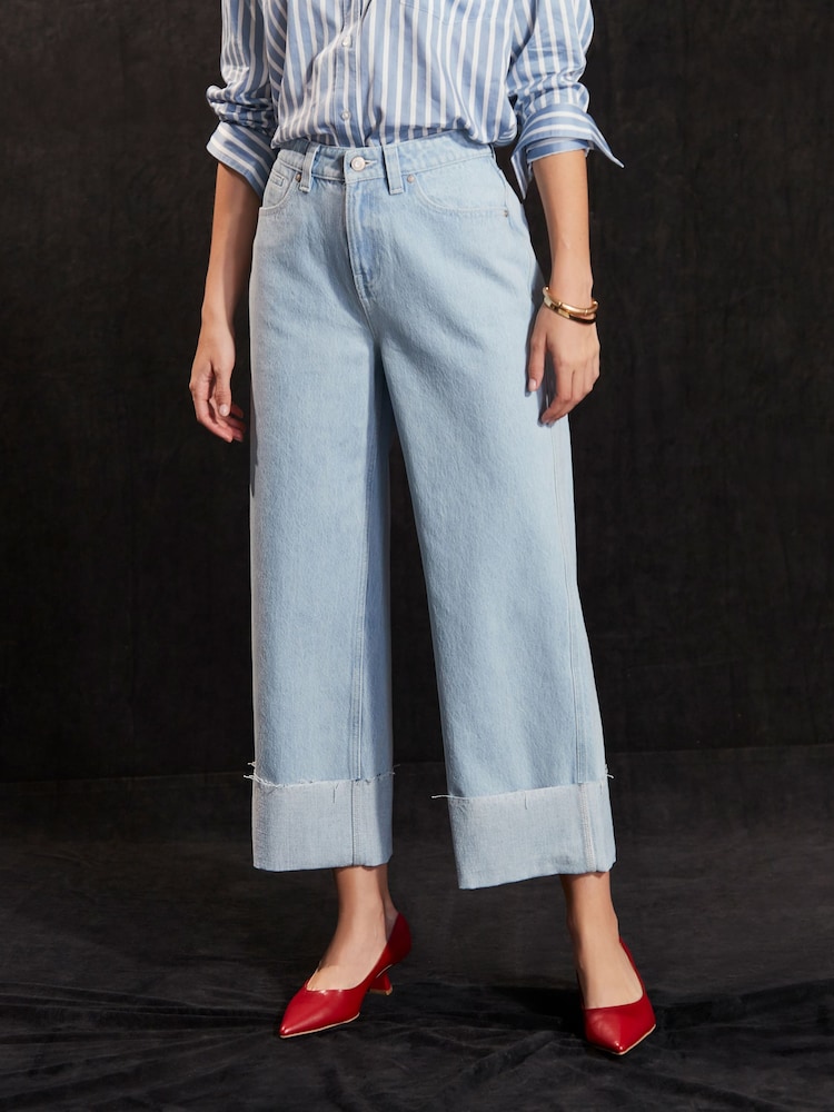 Bleach Blue Cropped Turn Up Wide Leg 100% Cotton Jeans - Image 2 of 6 Bleach Blue Cropped Turn Up Wide Leg 100% Cotton Jeans - Image 2 of 6