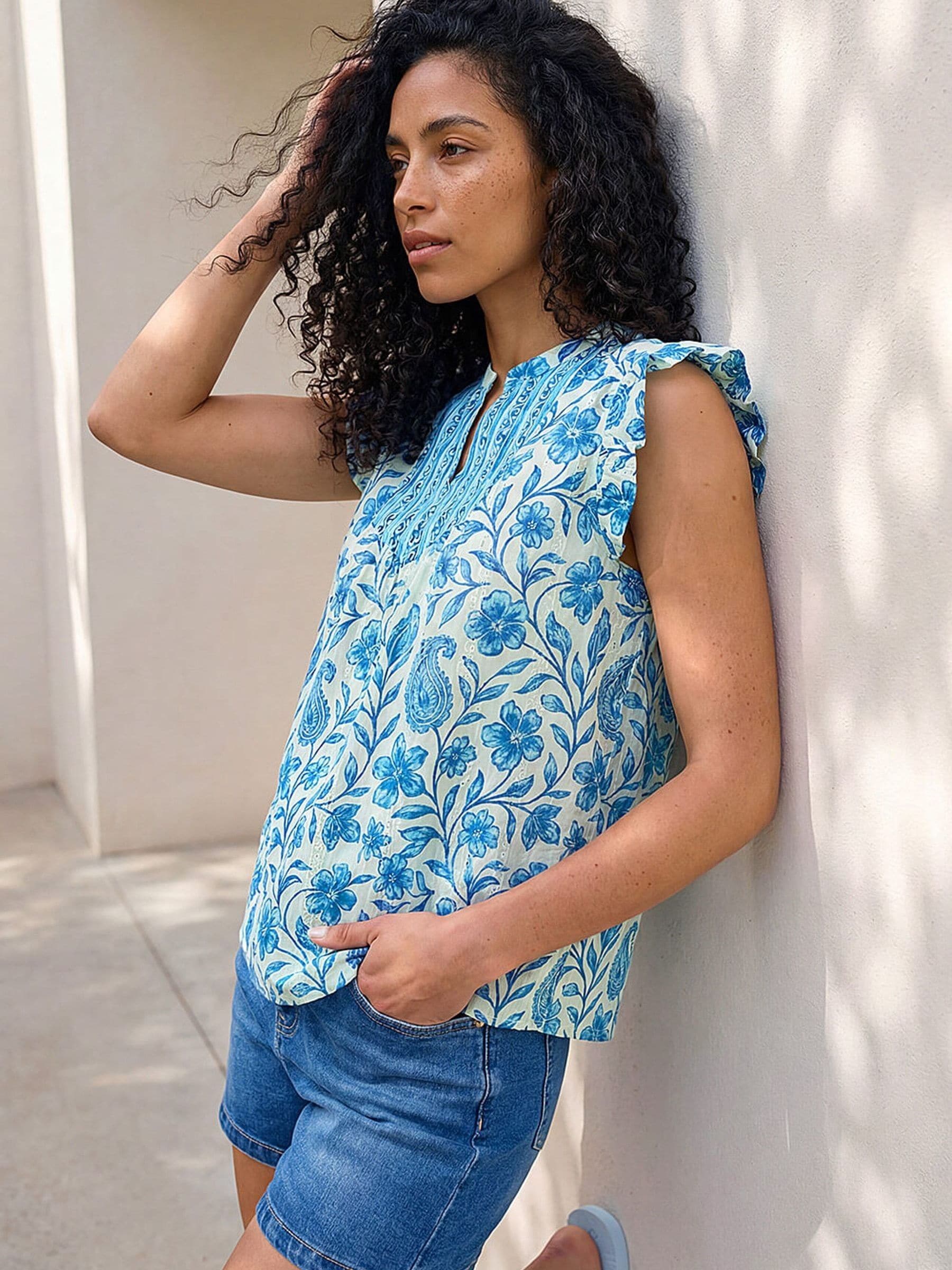 Roman Women's Blue Floral Contrast Frill Top - Image 1