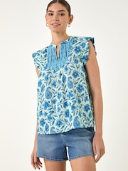 Roman Blue Floral Contrast Frill Top - Image 1 of 4