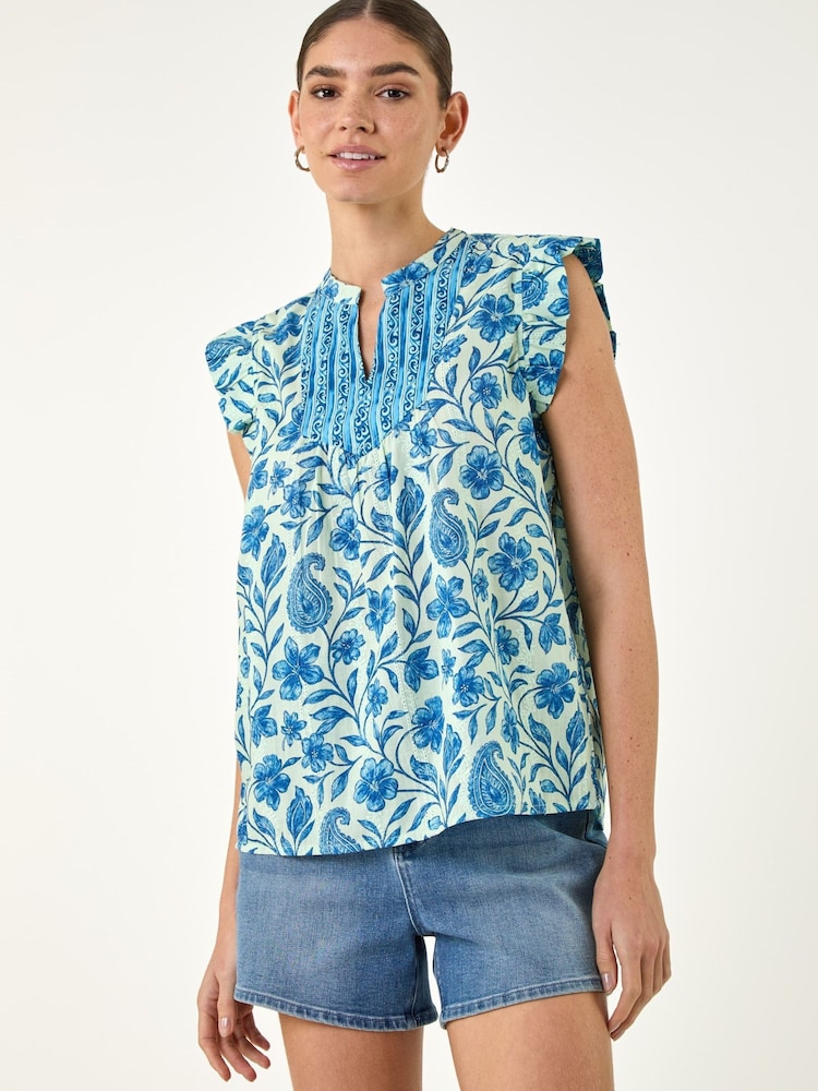 Roman Blue Floral Contrast Frill Top - Image 1 of 4