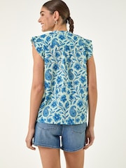 Roman Blue Floral Contrast Frill Top - Image 3 of 4