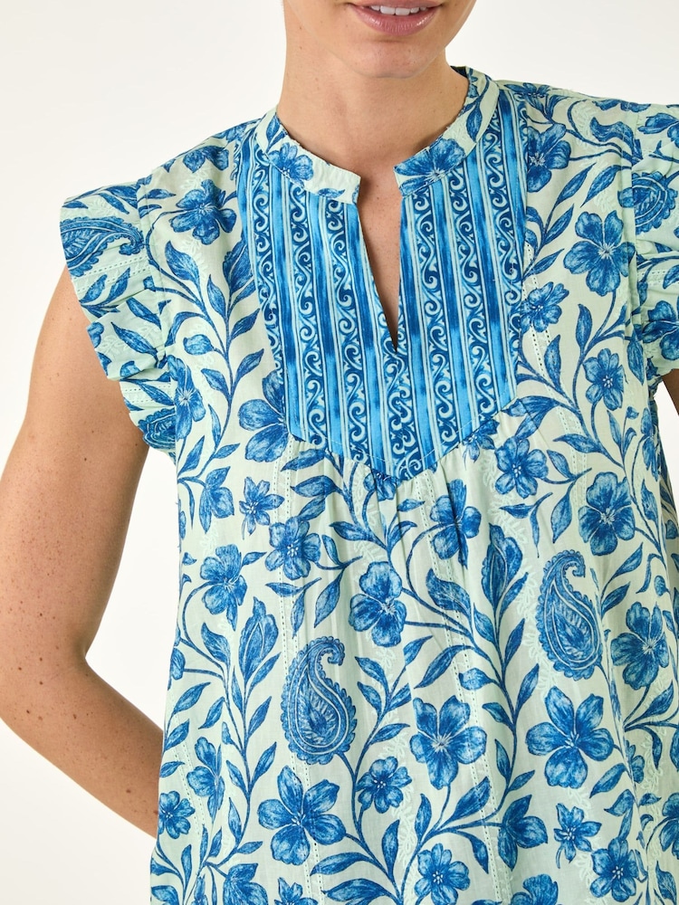 Roman Blue Floral Contrast Frill Top - Image 4 of 4