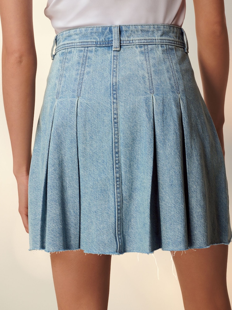Mid Blue 100% Cotton Pleated Denim Mini Skirt - Image 3 of 7