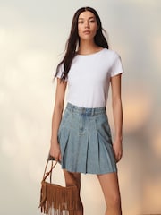 Mid Blue 100% Cotton Pleated Denim Mini Skirt - Image 4 of 7