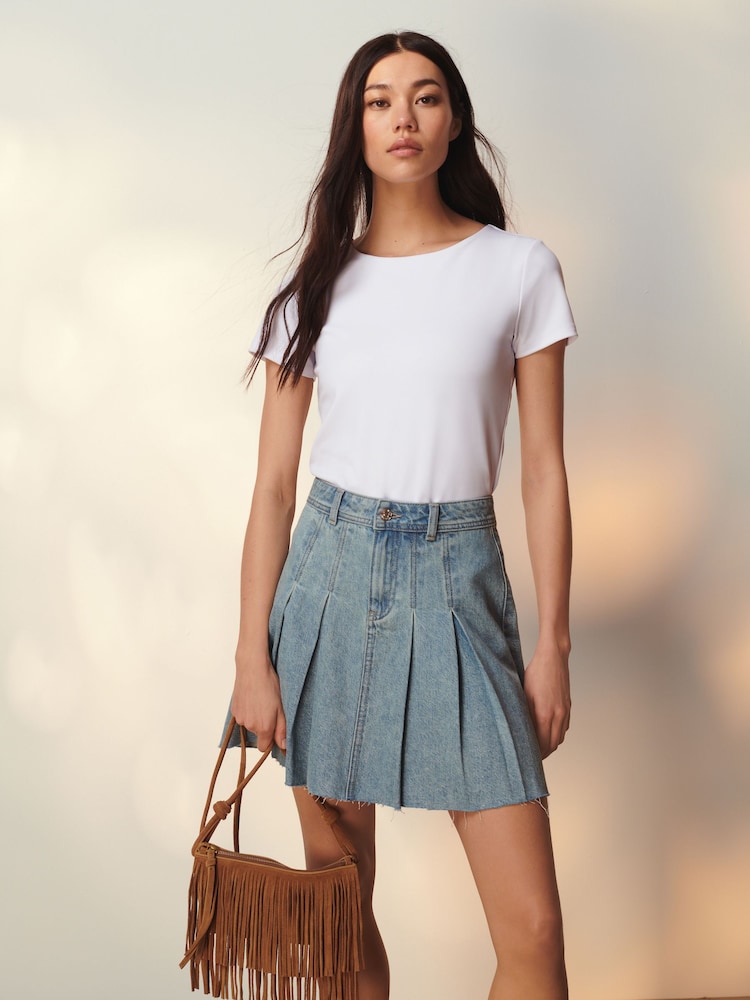 Mid Blue 100% Cotton Pleated Denim Mini Skirt - Image 4 of 7