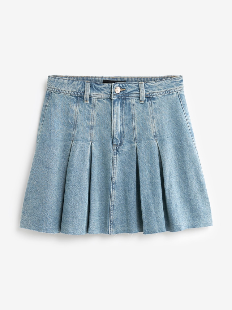 Mid Blue 100% Cotton Pleated Denim Mini Skirt - Image 6 of 7