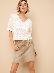 Neutral Beige Denim Raw Hem 100% Cotton Mini Skirt - Image 1 of 7