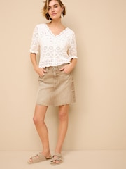 Neutral Beige Denim Raw Hem 100% Cotton Mini Skirt - Image 2 of 7
