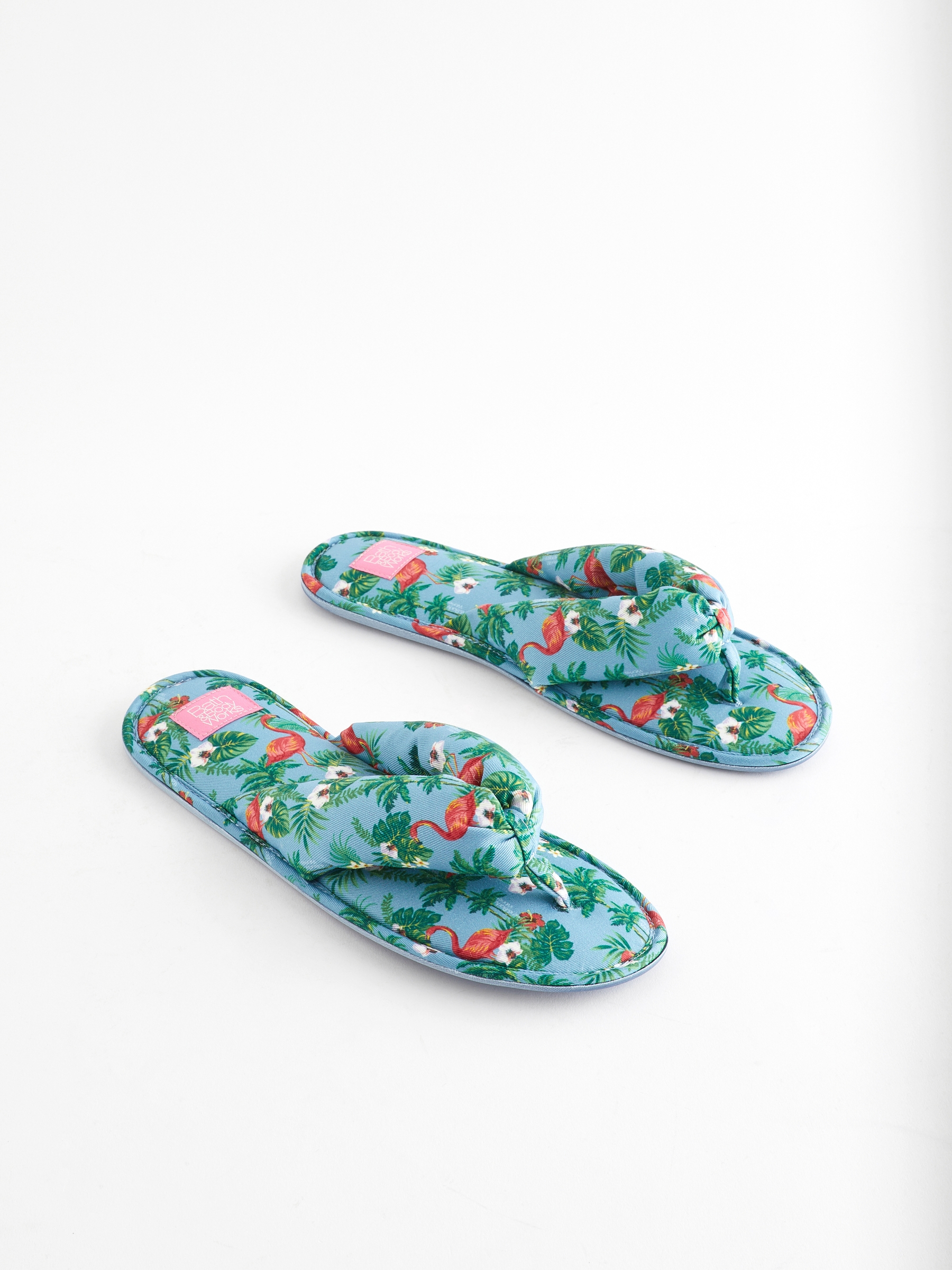 Bath & Body Works Blue Flamingo Print Open Toe Slippers - Image 1 of 7