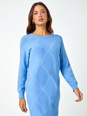 Roman Blue Pearl Detail Textured Jumper Dress - Image 1 of 6