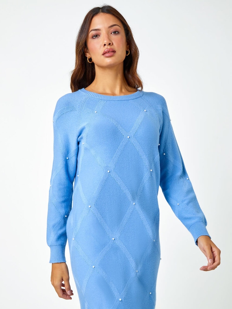 Roman Blue Pearl Detail Textured Jumper Dress - Image 1 of 6