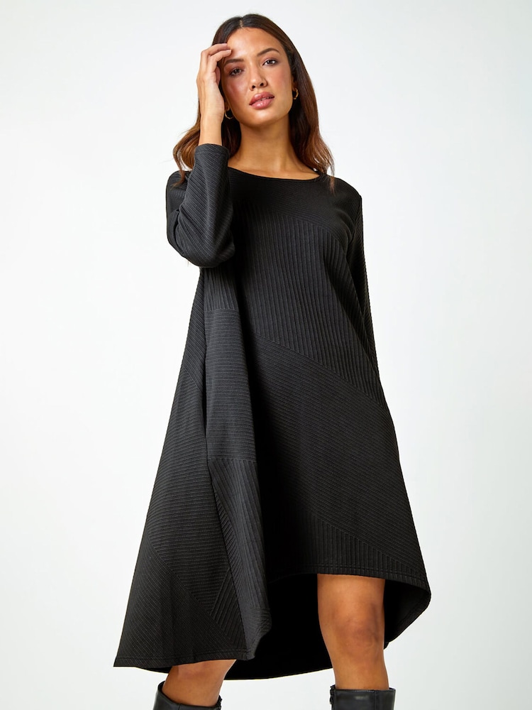 Roman Black Ribbed Asymmetric Stretch Jersey Dress - Image 1 of 5