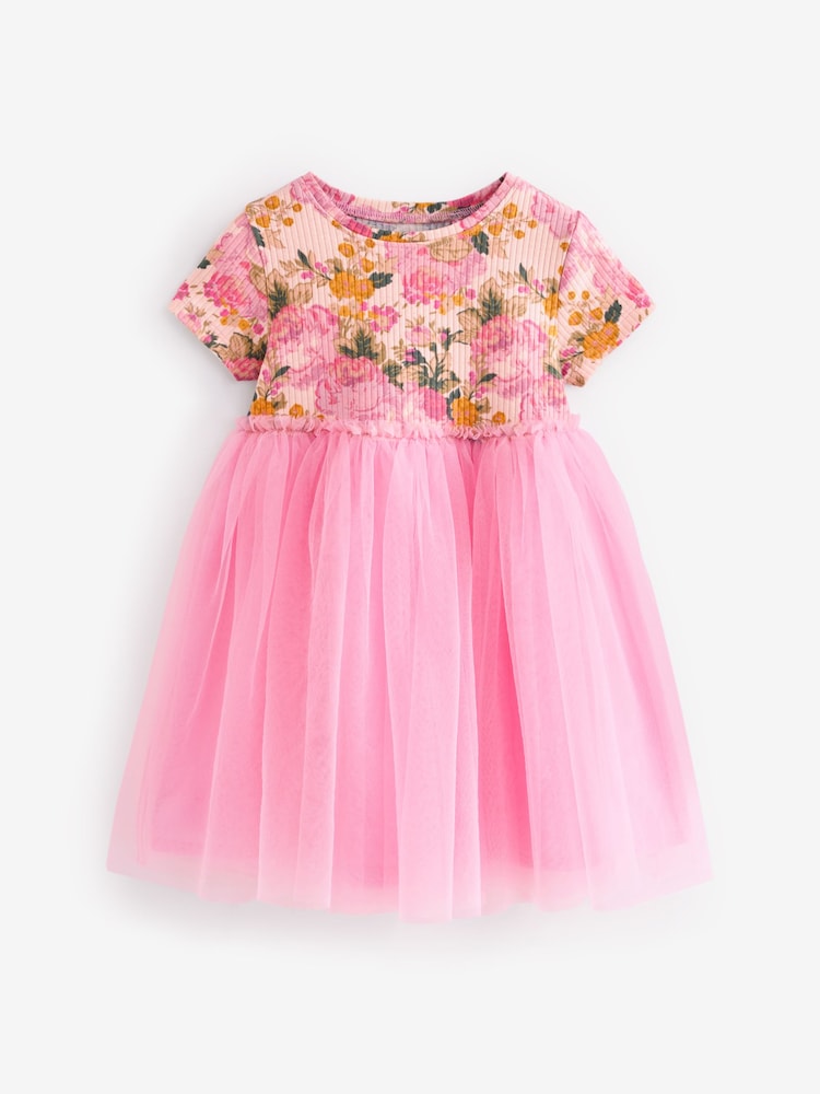 Pink Rib Mesh Jersey Dress (3mths-7yrs) - Image 1 of 3