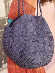 Blue Straw Embroidered Circle Shoulder Bag - Image 4 of 8