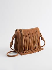 Svetlohnedá - Kožená crossbody kabelka so strapcami - Obrázok 7 z 11