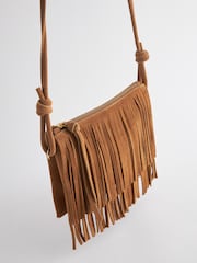Svetlohnedá - Kožená crossbody kabelka so strapcami - Obrázok 9 z 11
