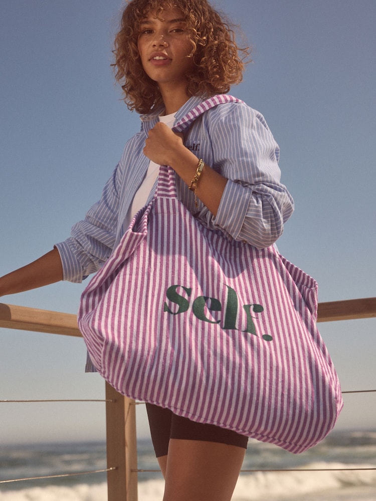 self. Pink 100% Cotton Stripe Shopper Bag - Image 1 of 9 self. Pink 100% Cotton Stripe Shopper Bag - Image 1 of 9