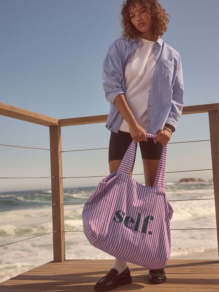 self. Pink 100% Cotton Stripe Shopper Bag - Image 2 of 9 self. Pink 100% Cotton Stripe Shopper Bag - Image 2 of 9