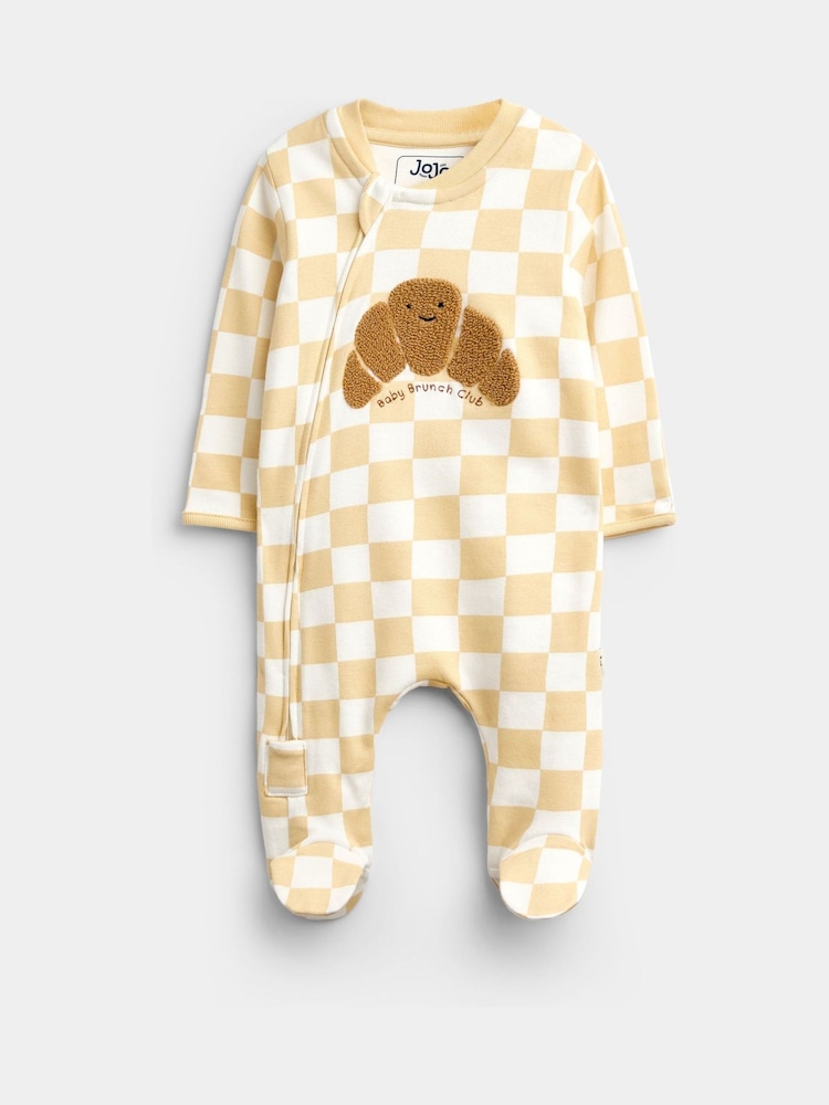 JoJo Maman Bébé Natural Croissant Appliqué Zip Sleepsuit - Image 1 of 4 JoJo Maman Bébé Natural Croissant Appliqué Zip Sleepsuit - Image 1 of 4