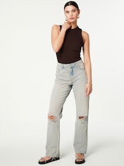 Pink Tinted 100% Cotton Ripped Straight Leg Jeans - Image 1 of 7