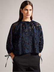 Ted Baker Blue Puff Sleeve Blouse With Tie Detail - Image 1 of 6