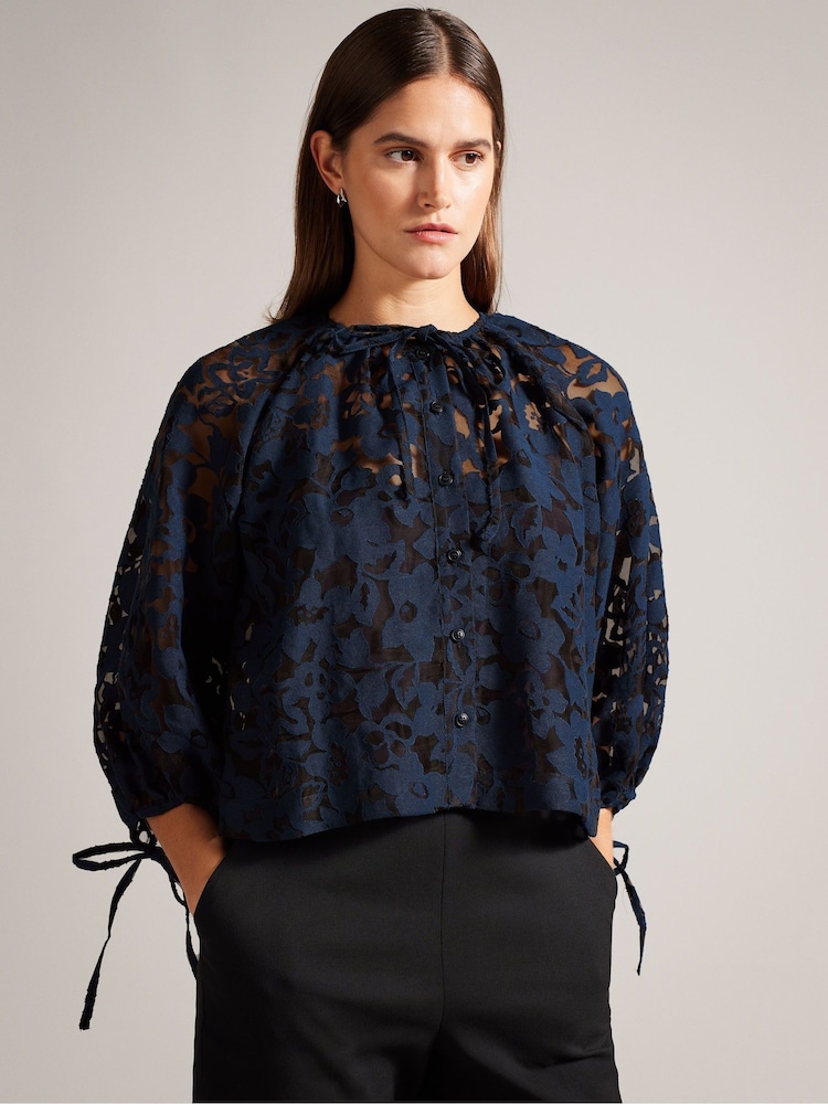 Ted Baker Blue Puff Sleeve Blouse With Tie Detail - Image 1 of 6