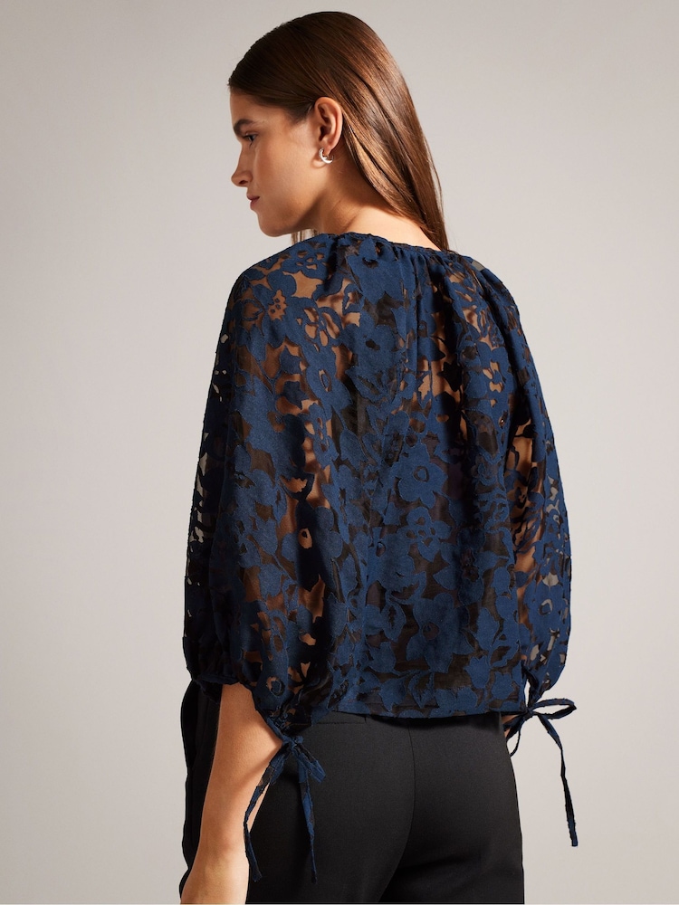 Ted Baker Blue Puff Sleeve Blouse With Tie Detail - Image 2 of 6