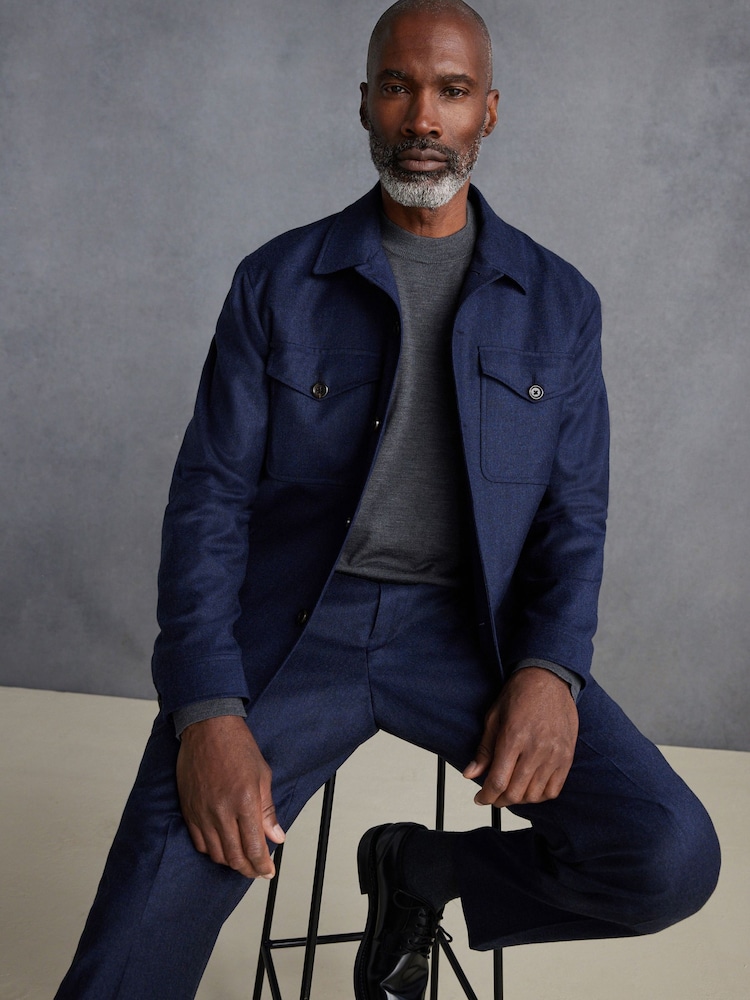 Blue Slim Fit Signature Zignone Italian Wool Flannel Shacket - Image 2 of 10