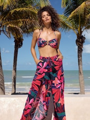 Love & Roses Pink Print Petite Split Detail Beach Tie Front Trousers - Image 2 of 4